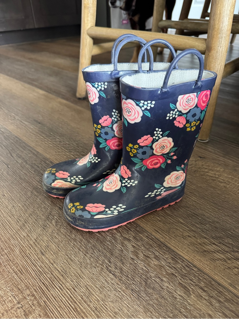 Kids Floral Navy Rain Boots with Pink Accents